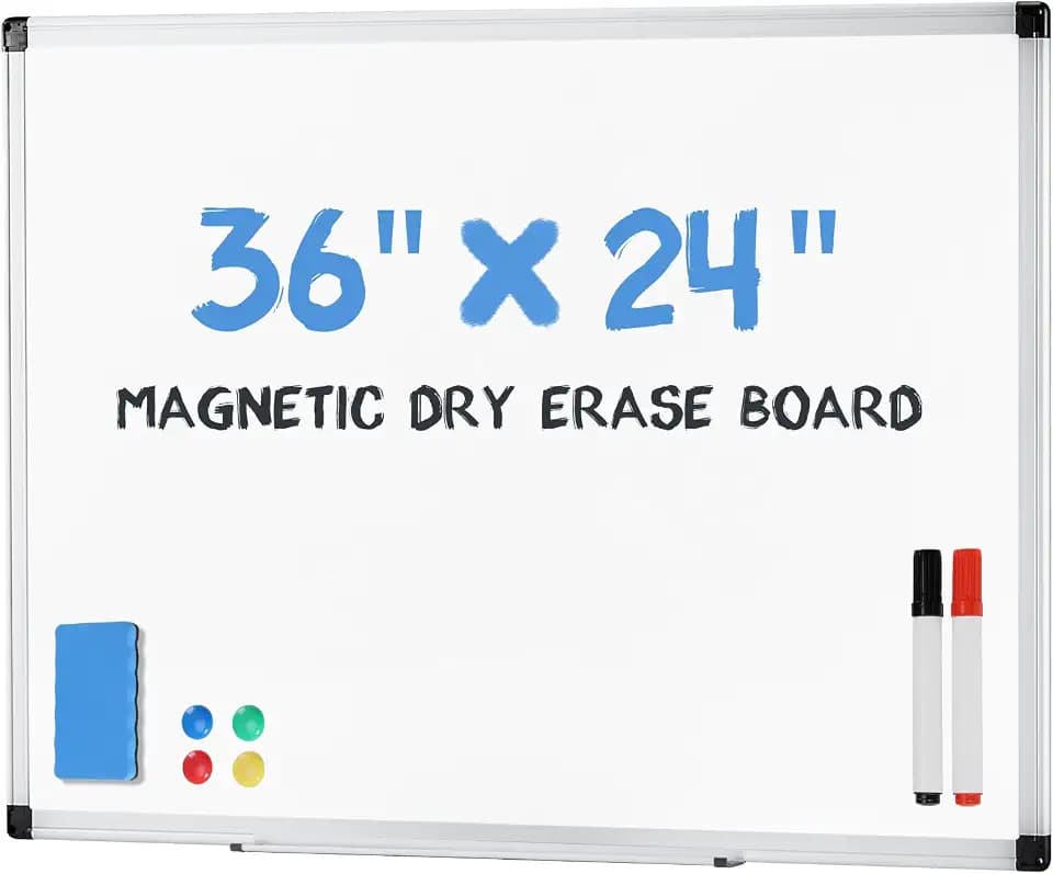 NEWBULIG White Board, 36" x 24" Magnetic Dry Erase Board for Wall with 1 Dry Eraser & 2 Multi-Color Markers & 4 Magnetic Pins, Silver Aluminum Frame for Office, Home, School