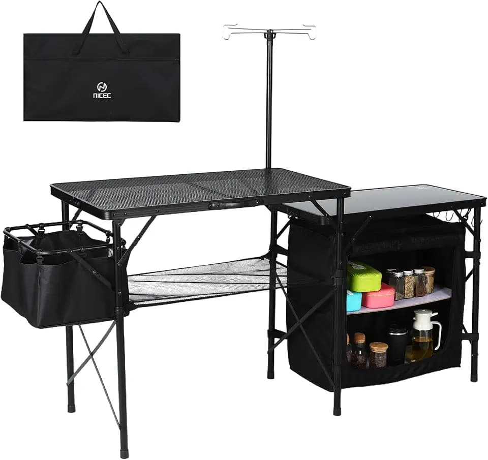 Nice C Camping Kitchen Table, Portable Folding Camp Cook Station (Black)