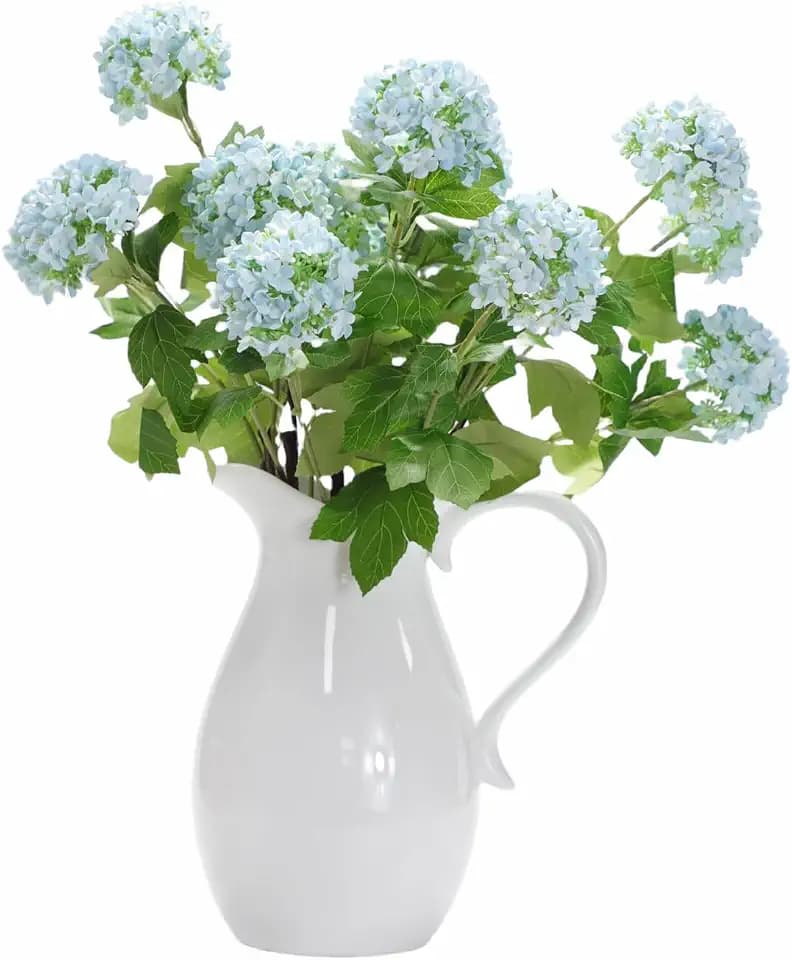 Hydrangea Artificial Flowers Fake Hydrangeas - Silk Flowers 4 Pack 28 Inch Long with 12 Real Touch Blooms, Snowball Viburnum for Wedding and Home Decor(Blue)