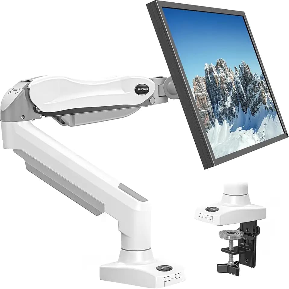 HUANUO Monitor Halterung für 13 bis 32 Zoll Bildschirme, Einzelner Monitorarm Ständer Hält 2~9 kg, Höhenverstellbare mit Neigungen, Schwenken, Dreht, VESA 75 & 100 mm, weiß