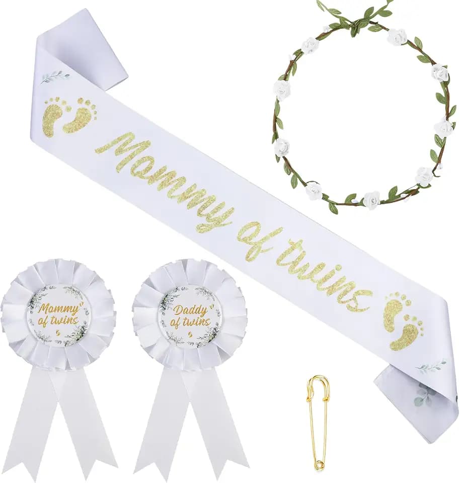 Twins Baby Shower Party Decoration Greenery Twins Mom Dad to Be Sash Pins Set Mommy of Twin Sash Daddy & Mommy of Twin Pins Decors for Gender Reveal Party Favor