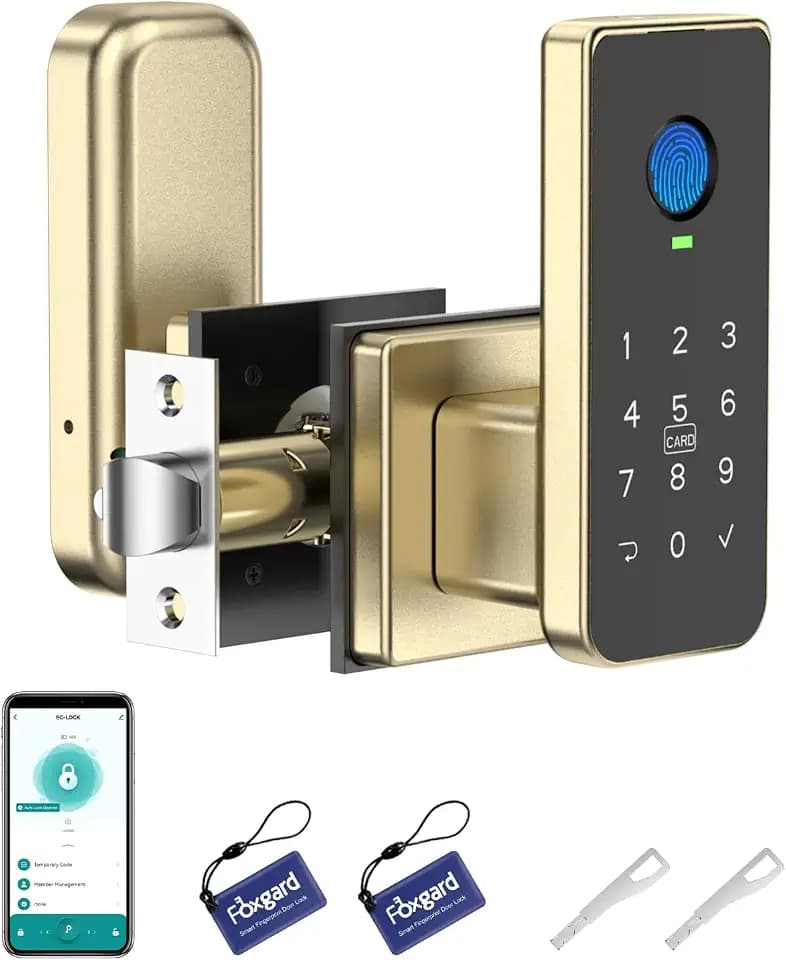 Foxgard Fingerprint Door Lock – 5-in-1 Biometric Smart Lock with Keypad, App Control, Key, Auto-Lock, Electronic Anti-Lock – Keyless Entry for Bedroom, Office, Indoor Use – Gold
