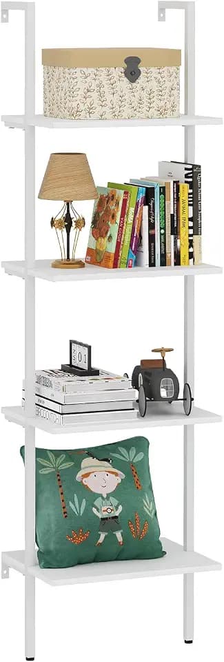 Wolawu Ladder Shelf 4 Tiers Metal Industrial Bookshelf,White Wooden Tall Open Storage Rack and Display Shelves,Wall Mount Wide Bookcase for Home Office Bedroom,Small