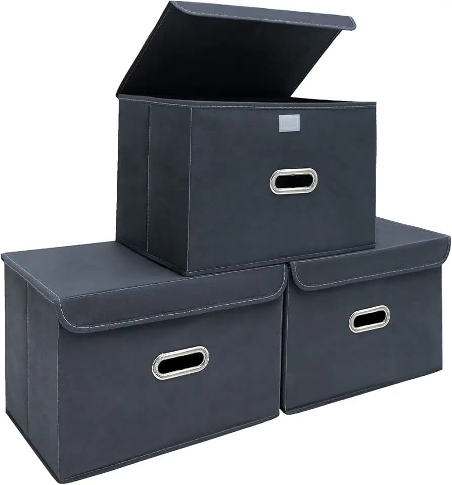 STOREONE Fabric Storage Cube Bins Foldable Organizer Container Collapsible Basket with Lids and Metal Handles, for Home, Bedroom, Closet 3 Pcs (Grey)