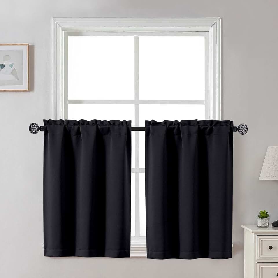 Gwine Black Blackout Curtains 30 Inch Length, Short Kitchen Curtains for Bedroom Bathroom Basement, Light Blocking Half Window Tier Window Treatments Rod Pocket, 2 PCS, Each 30" Wx30 L