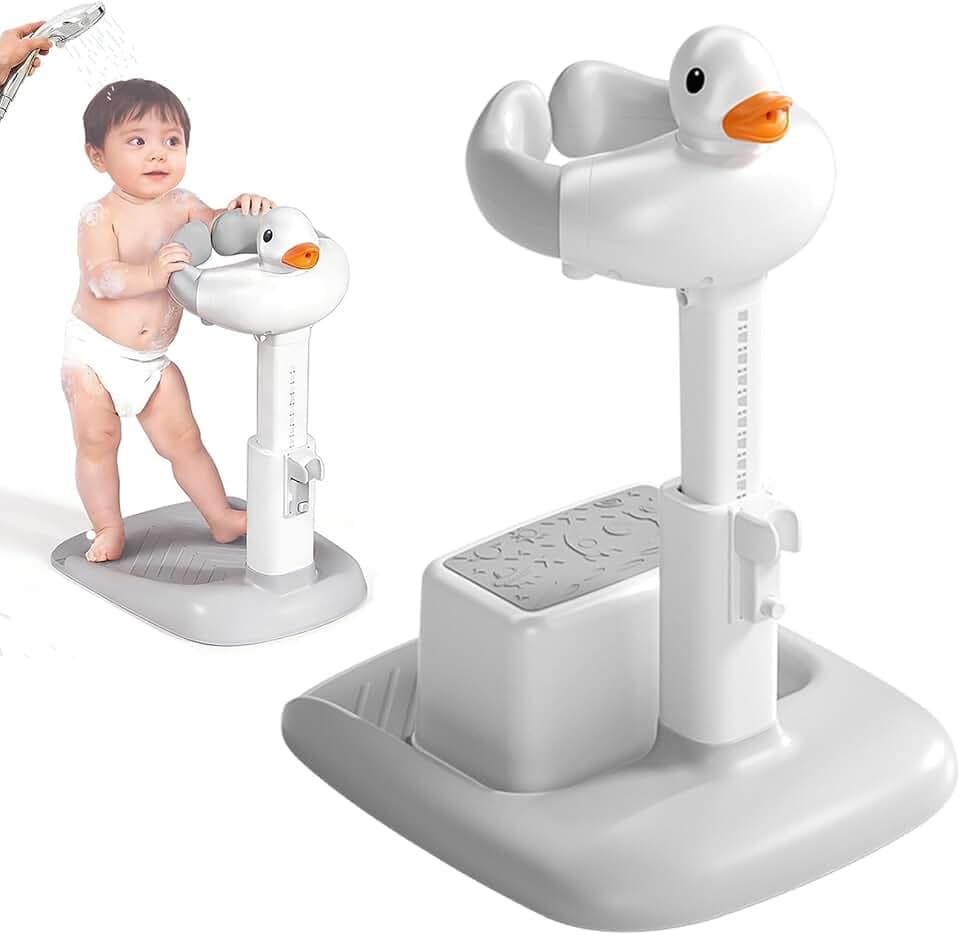 Baby Duschständer, Verstellbarer Badewannensitz Baby mit Anti-Rutsch-Basis, Ergonomischer Badehilfe für Stehendes Baden, Sicherer Baby Badewannensitz für Kinder