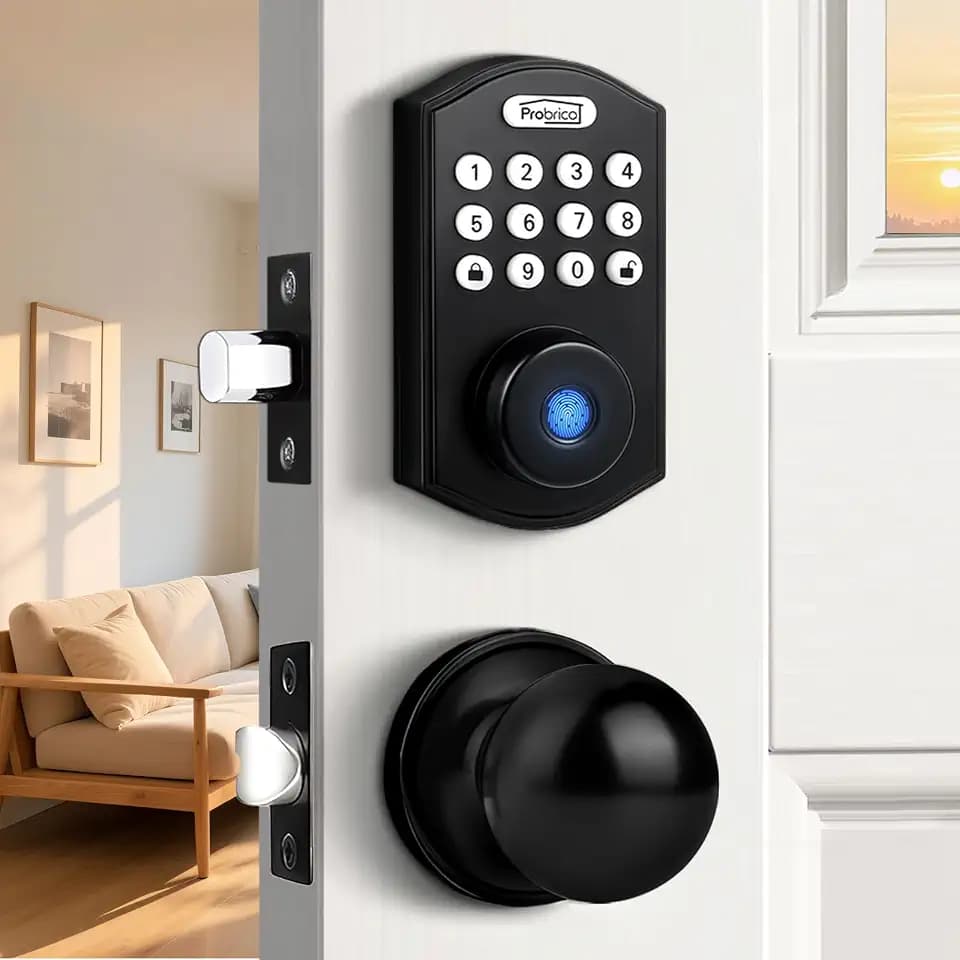 Probrico Smart Fingerprint Deadbolt with Door Knob for Front Door, Keyless Entry Door Lock Deadbolt, Door Knob with Smart Deadbolt Lock, Flat Black