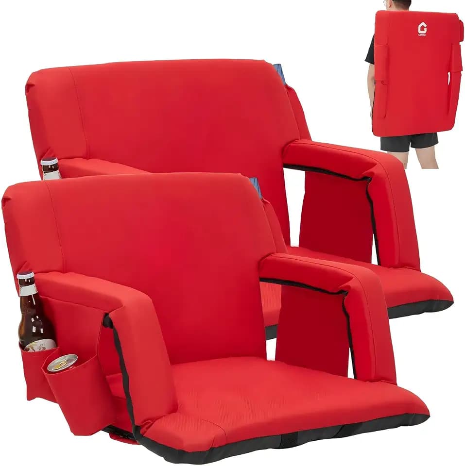 DEXSO 2 Pack Wide Stadium Seats for Bleachers with Back Support, 6-Position Adjustable Bleacher Chairs with Armrests, Cup Holder & Thick Cushion, Large Pockets for Outdoor Sports & Concerts