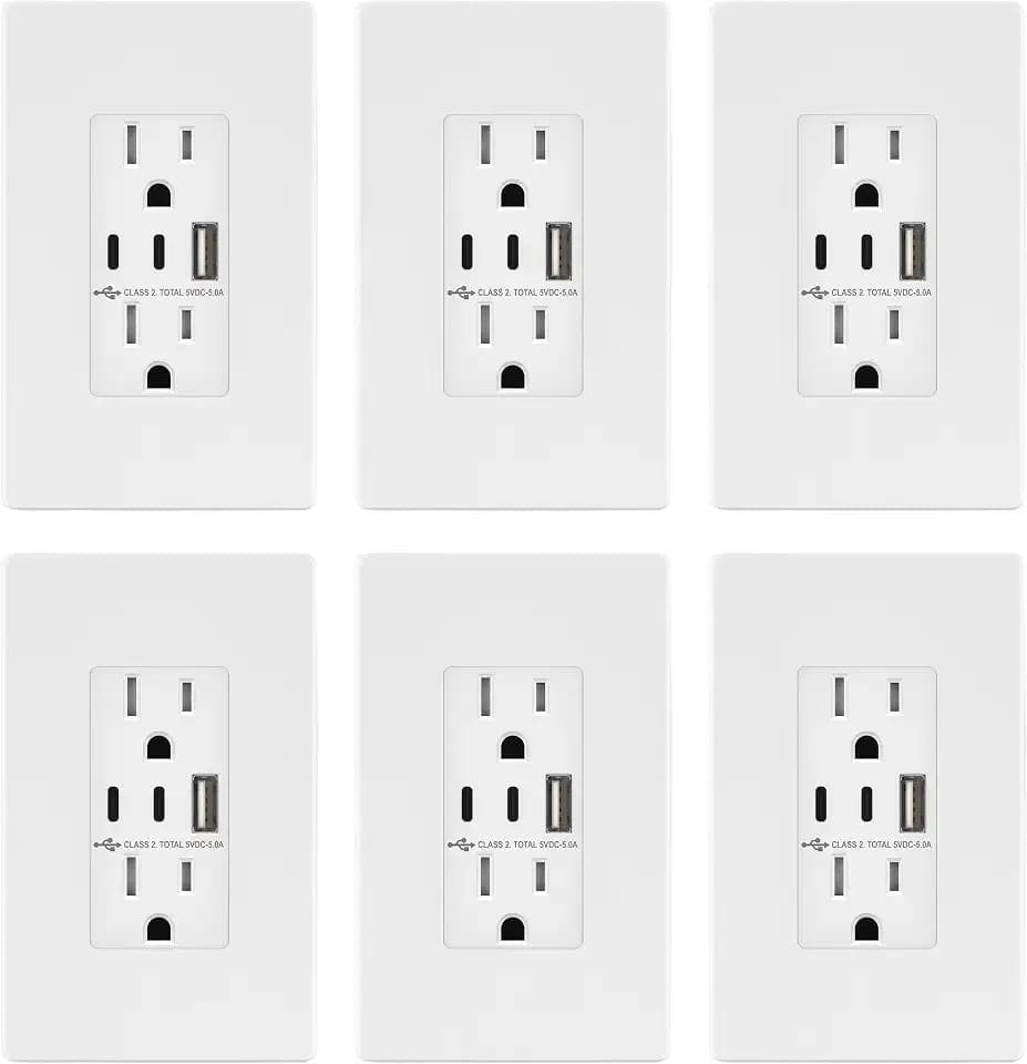 TOPGREENER 5.0A USB Outlet with15A Duplex TR Receptacles, White, 6Pack