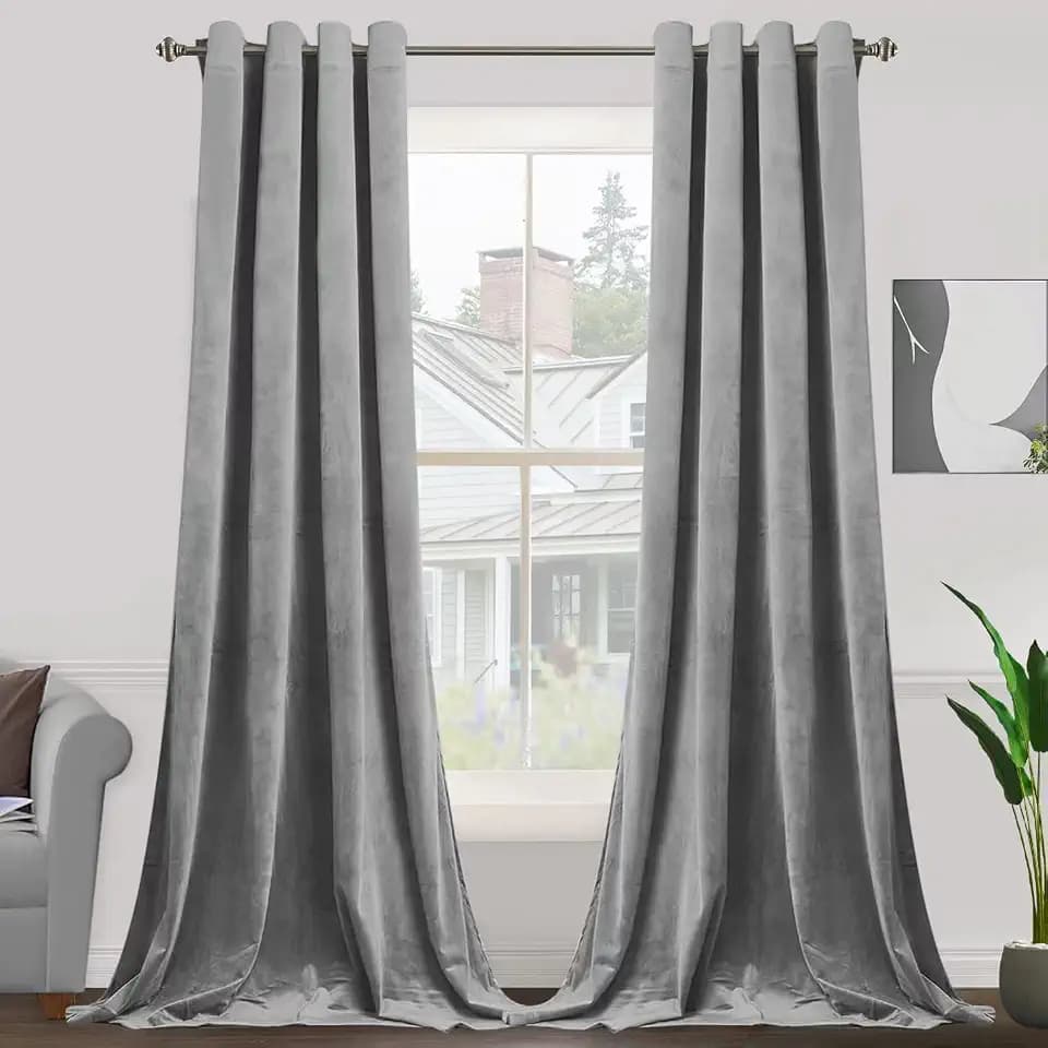 SMILETIME Grey 108 in Long Velvet Curtains with Grommet, Thermal Insulated Super Soft Privacy Noise Reducing Light Filtering Velvet Curtains for Living Room, 2 Panels, Each 52 x 108 inches Long
