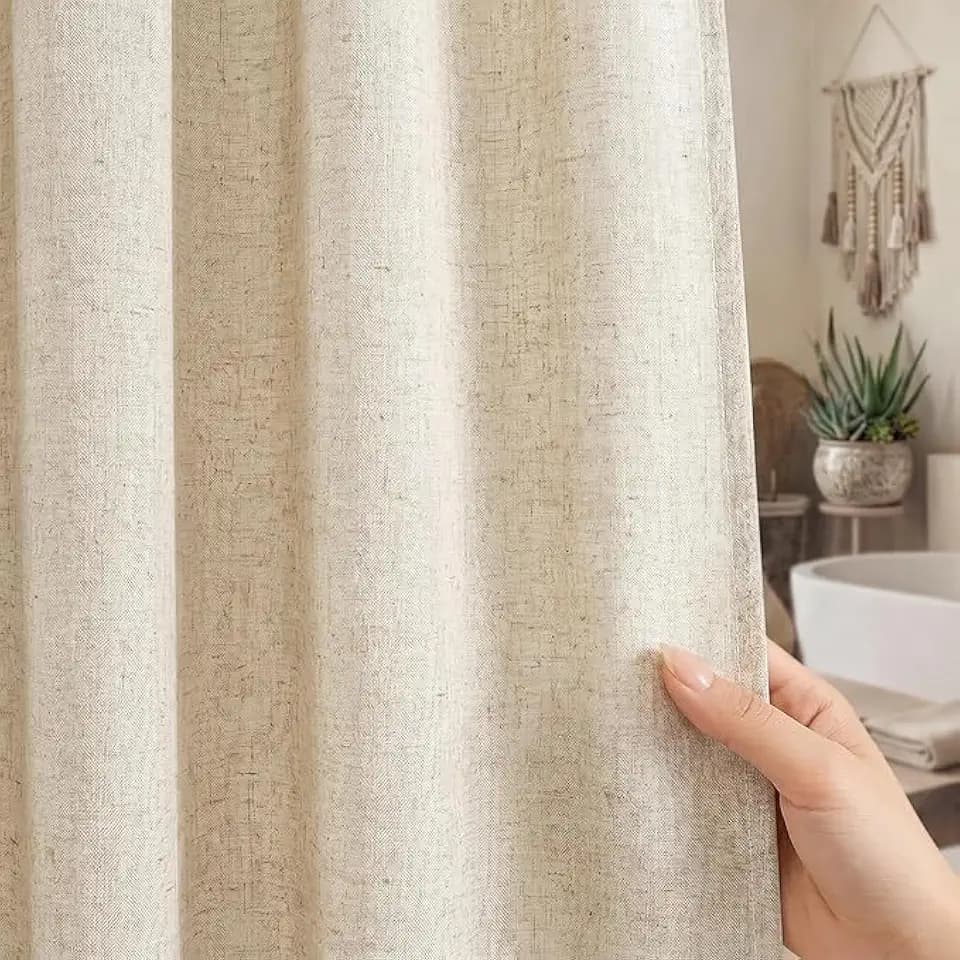 Seasonwood Linen Shower Curtain Neutral Vintage Farmhouse Linen Shower Curtains for Bathroom Boho Bathroom Decor with 12 Sturdy Stainless Steel Sliding Hangers(White,72x72 Inches)