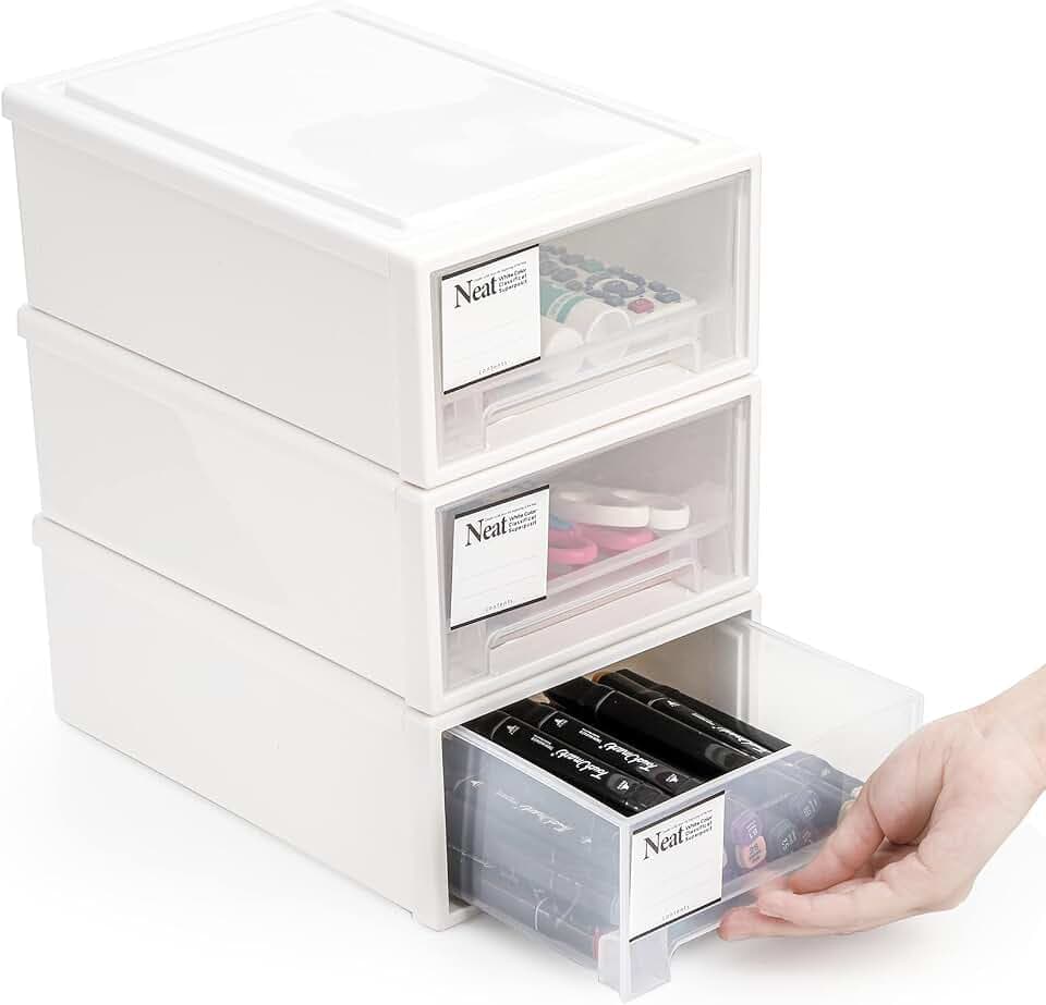ZENFUN 3 Pack Plastic Stackable DrawerStorage Drawers Bins, Small Drawer-type Desk Organizer Boxes, Translucent Small Chest of Drawers, Stackable Drawers for Home, Office, Desktop
