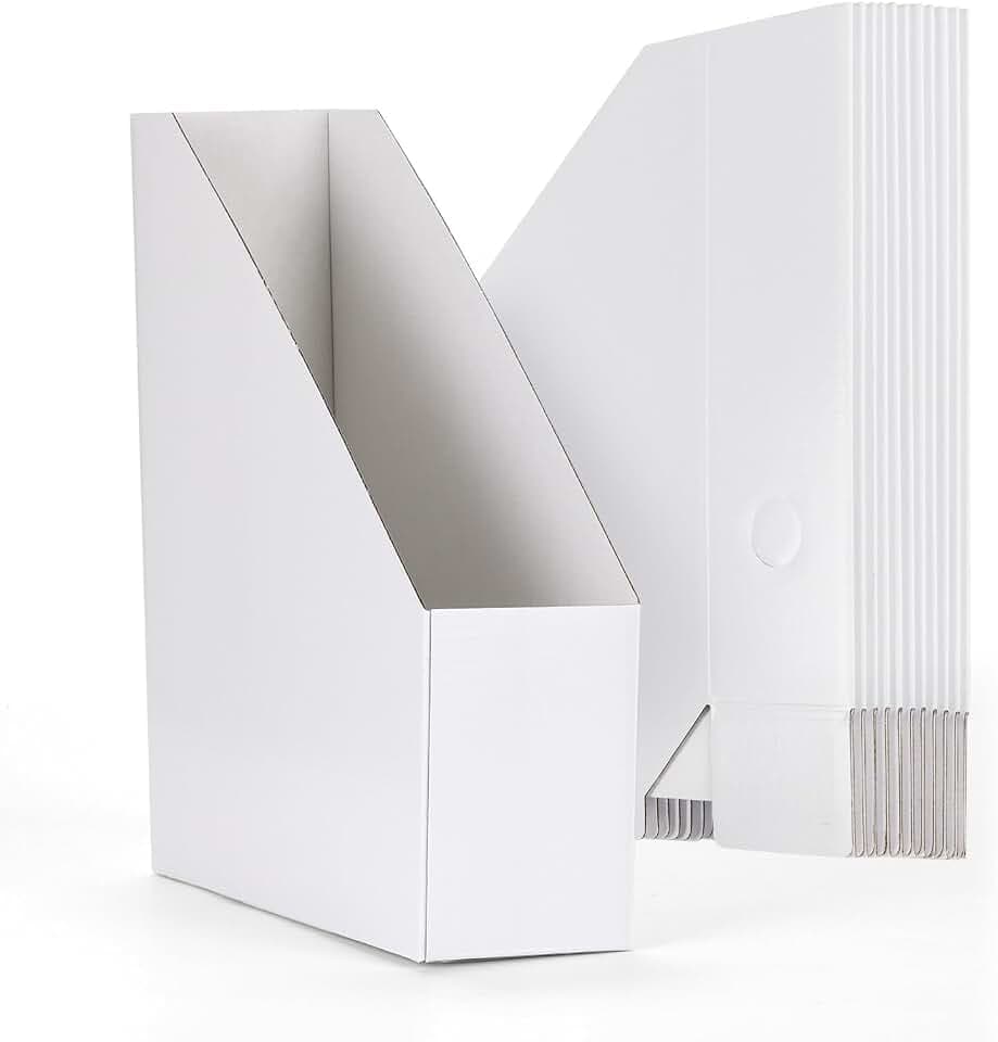 EXYGLO 12 Pack White Magazine File Holder, Cardboard Magazine Rack with Label, Foldable Storage Organizer Box for Book, Documents, 9.9x3.3x12 Inches