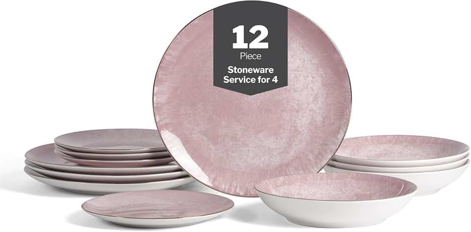 Christian Siriano Onyx 12-Piece Dinnerware Set Porcelain, Plates and Bowls Set, Hand Wash Dish, Dish Set for 4, Pink and Gold
