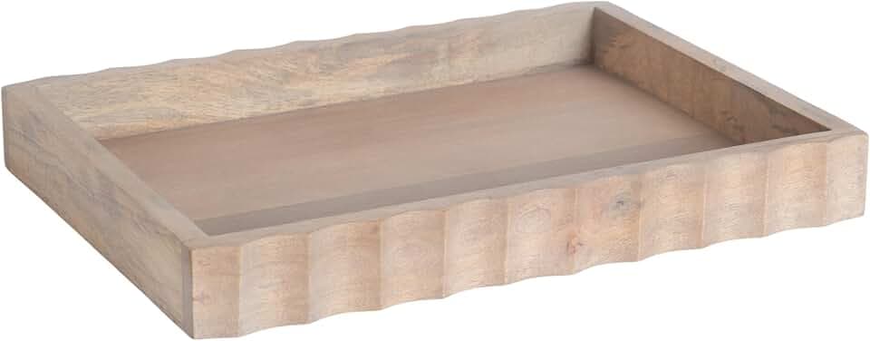 Kate and Laurel Lissi Decorative Rectangle Tray with Wavy Design; 16 x 12; Natural Wood; Modern Scalloped Serving Tray for Coffee Table Ottoman; Dining Table; or Entryway Catch-All Tray