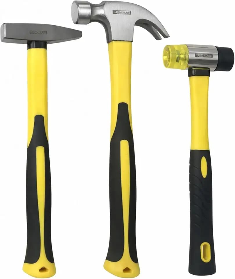 Benchmark - 3 Piece Hammer Set; 16 OZ. Claw Hammer, Tack Hammer; Rubber Mallet (Double SIded); Shock Absorbing Rubber Grips, Durable Fiberglass Handles And Polished Steel Heads