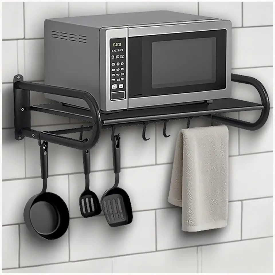 Microwave Shelf Wall Mount,Microwave Wall Shelf with 5 Hooks and 2 Guardrails Wall-Mounted, For Small Microwave to Load Capacity 30kg for Home Kitchen Laundry and Living Room