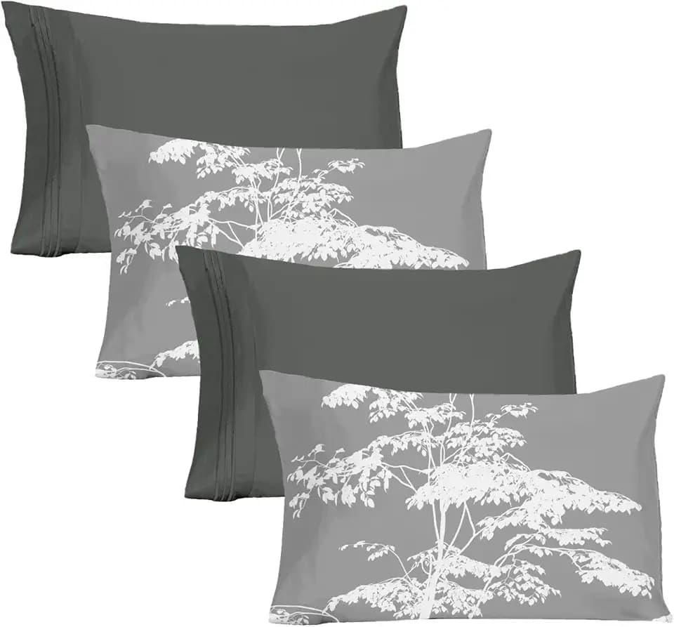 YIYEA Pillow Cases Queen Size Set of 4, Ultra Soft 1800TC Hotel Quality Double Brushed Microfiber Embroidered Pillowcases and Floral Pillow Covers, Envelope Closure, Fade Resistant (20"x30")