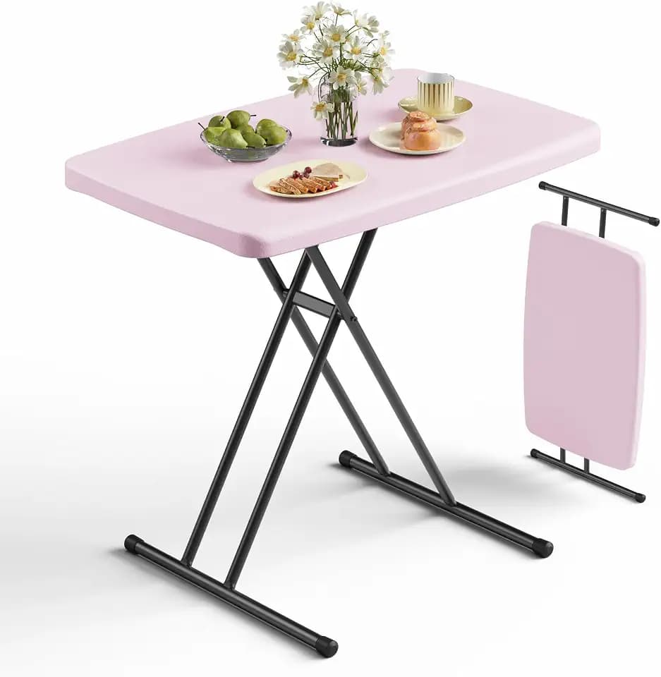 Folding Table 30 Inch - Small Desk Adjustable Height TV Tray for Laptop, Couch, Camping - Heavy Duty Utility Foldable Table for Small Spaces, No Assembly Required, Granite (Pink)