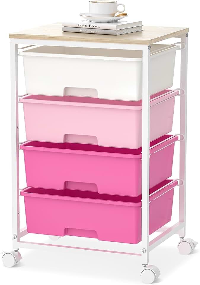SYKIARIOL Rolling Cart with Drawers, 4-Drawer Utility Cart, Pink