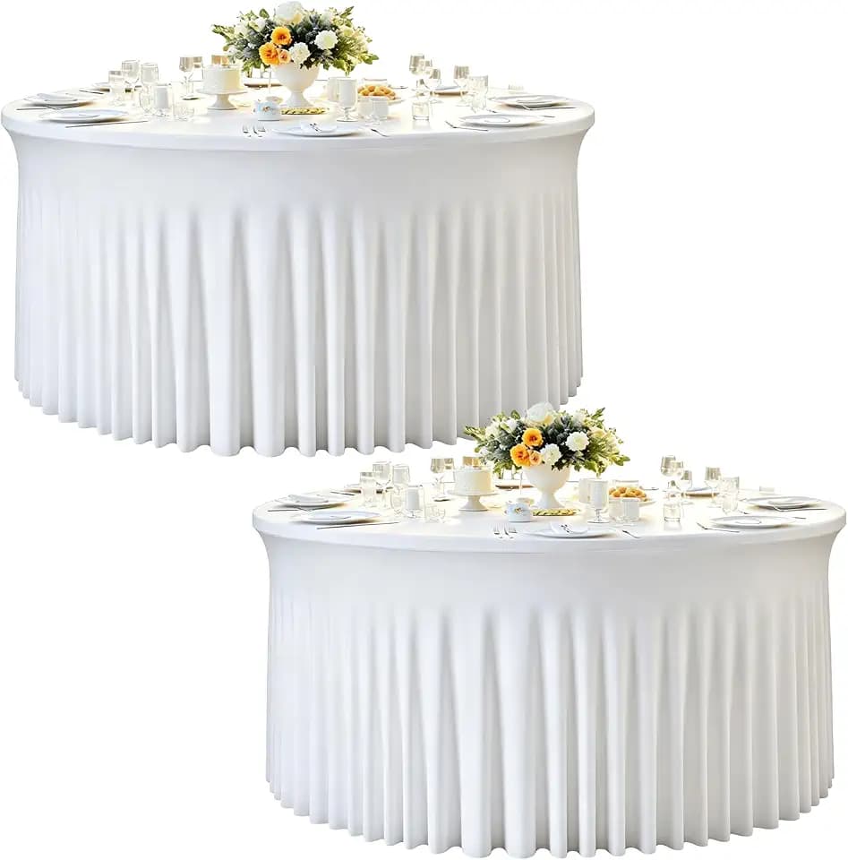 2 Pack White Table Cloth for 5FT Round Tables, Fitted Spandex 120 inch Round Tablecloth, Wrinkle Free White Table Skirt for Receptions Birthday Holiday Dinner Banquet Engagement Party Decoration