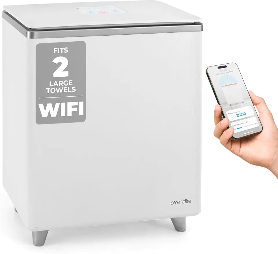 SereneLife WIFI Luxury Rectangle Towel Warmer - Spa & Bathroom Blanket Heater with Custom Fragrance, Auto Shut-Off, Fits 2 large Towels, Blankets, Bathrobes, PJ's - Perfect Gift for Him & Her (Silver)
