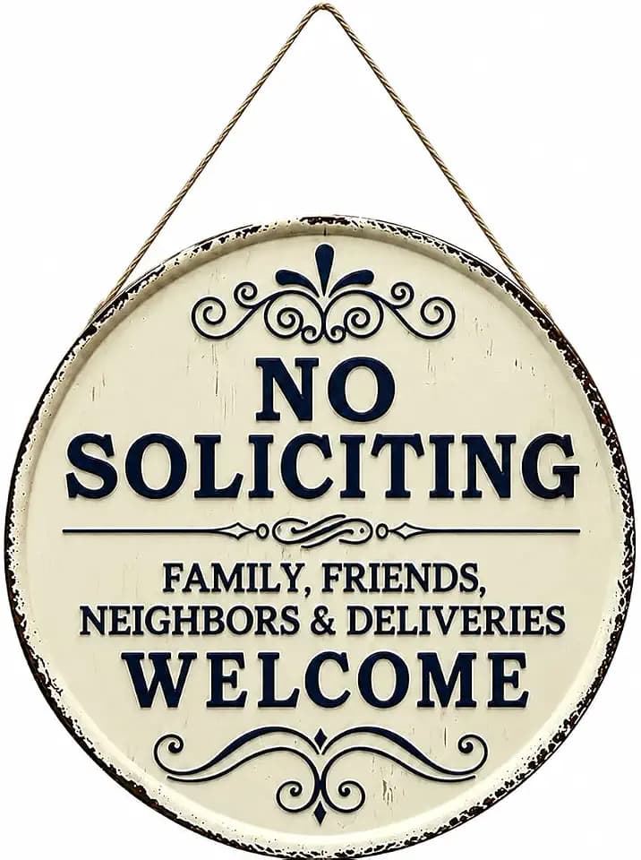 Round No Soliciting Metal Sign, 12 Inch Vintage Farmhouse Tin Hanging Plaque with Jute Rope, Family Friends Neighbors Deliveries Welcome Front Door Decor, Rustic Weatherproof Outdoor House Wall Sign