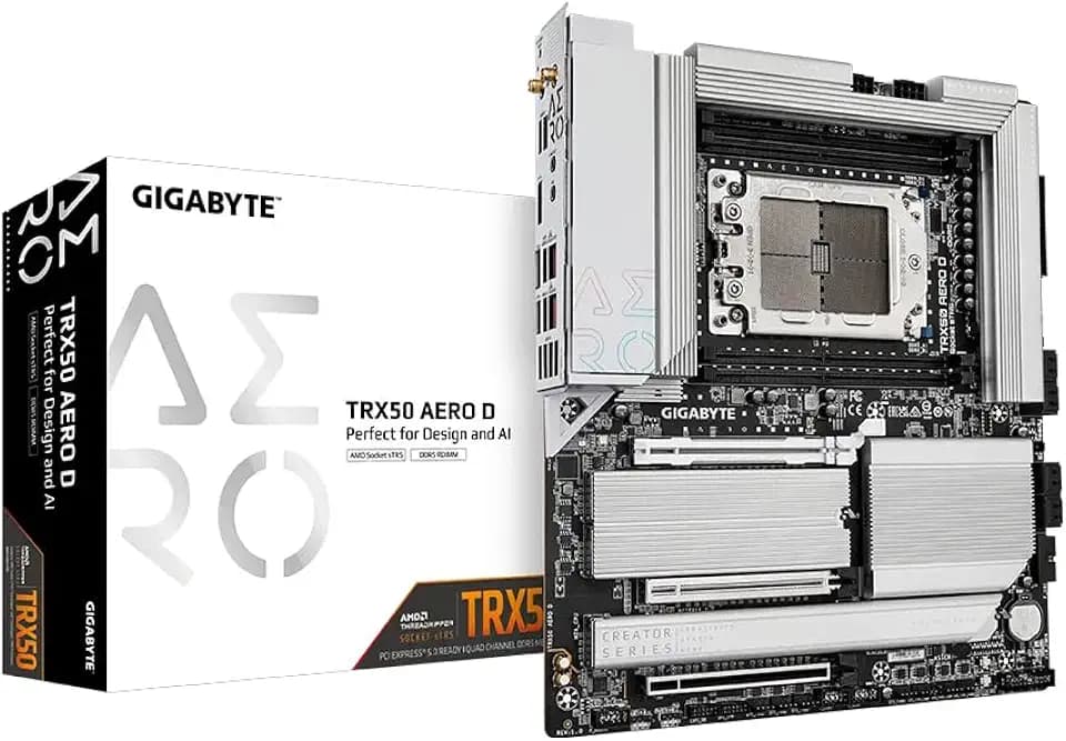 GIGABYTE TRX50 AERO D Mainboard - Unterstützt AMD Ryzen Threadripper 9000 Series CPUs, 16+8+4 Phases Digital VRM, up to 7800MHz DDR5 (OC), 3xPCIe 5.0 + 1xPCIe 4.0 M.2, Wi-Fi 7, 10GbE LAN, USB4