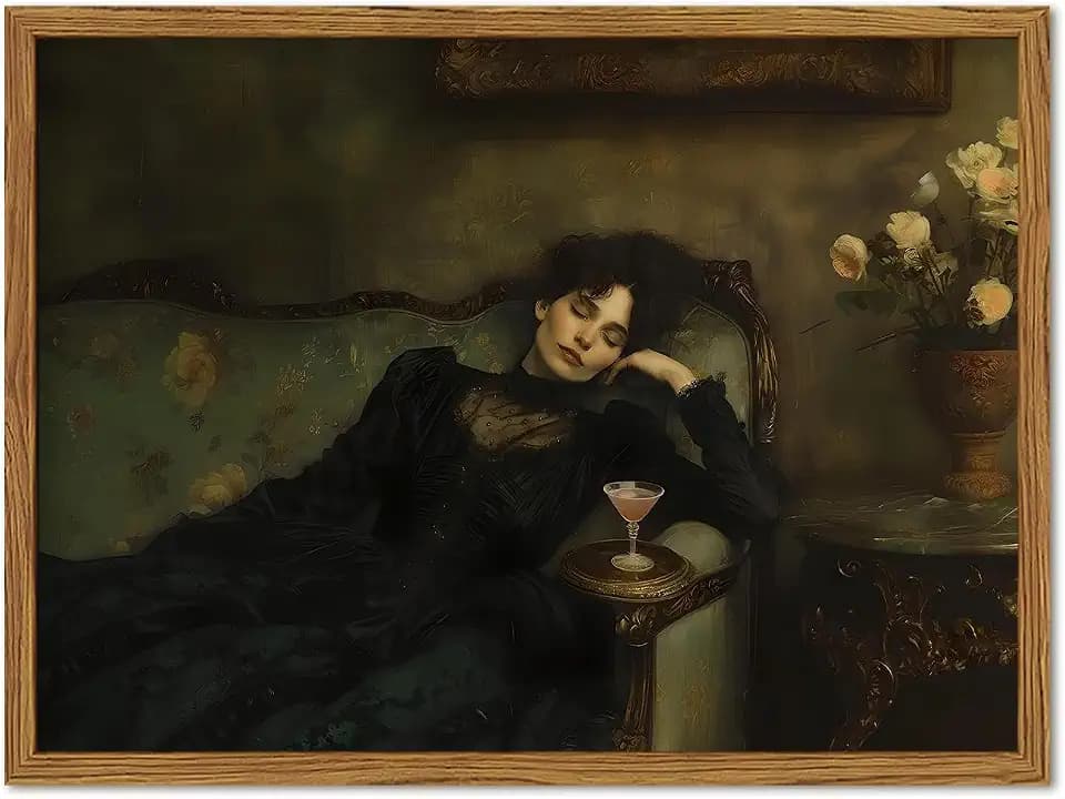 Framed Vintage Wall Art, Dark Academia Woman Martini Pictures Wall Decor, Victorian Feminine Lying on Couch Paintings Canvas Prints Moody Home Decor for Living Room Bedroom 16x24 inch