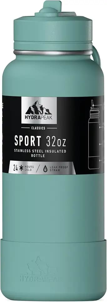 Hydrapeak 32oz Sport Insulated Water Bottle with Straw Lid, Leak & Spill Proof, Keeps Drinks Cold for 24 Hours, Premium Stainless Steel for Work, Gym, On-The-Go (Pale Sage)