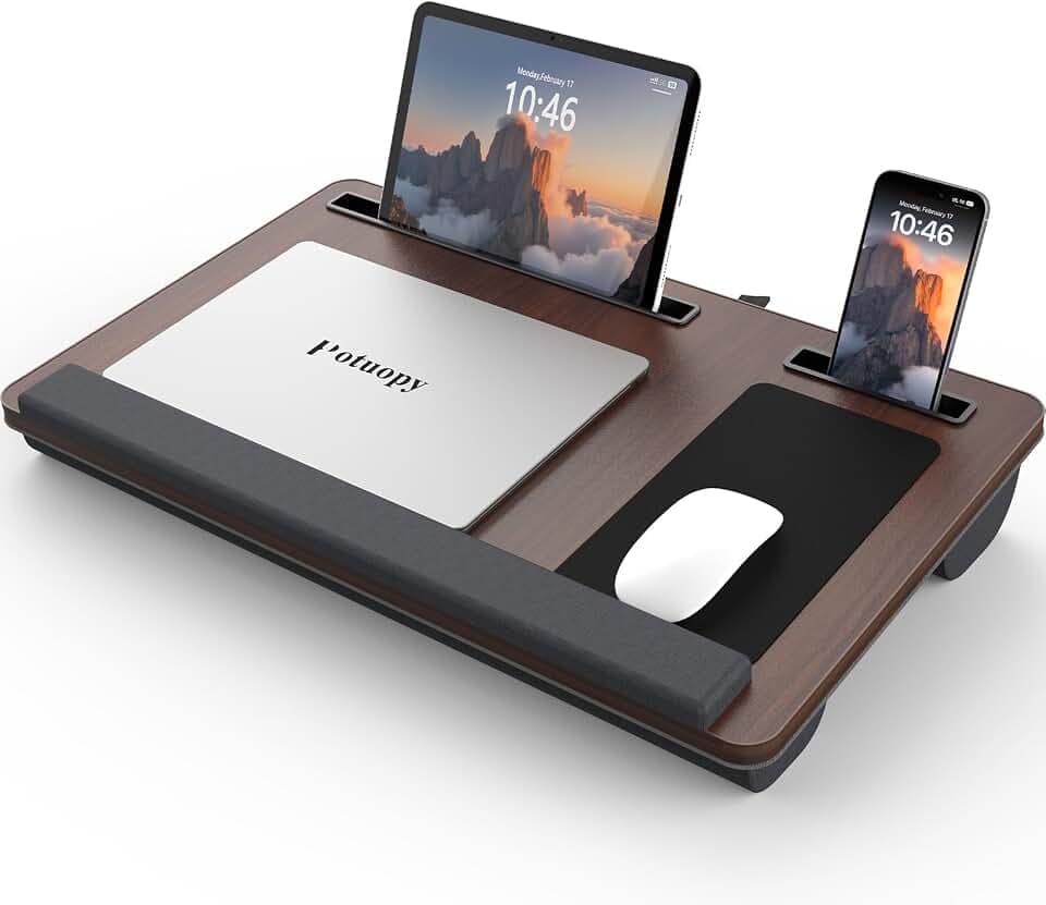 Potuopy Lap Desk - Fits up to 17 inches Laptop Desk, Dark Brown, Large