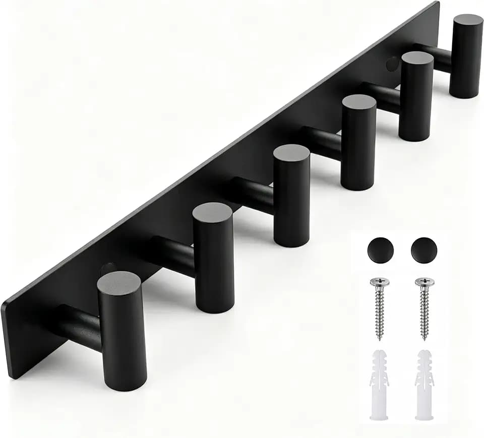 Matte Black Coat Rack Wall Mount - 6 Hooks, Heavy Duty Stainless Steel Wall Hooks for Towels, Coats, Robes, Bags, Hats, Keys, Wall Coat Hanger for Bathroom, Entryway, Kitchen, Hotel, Bedroom, Office
