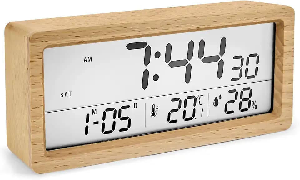 Wecker Digital, Digitaler Wecker 14.5 x 5.5cm großem Bildschirm Tischuhr mit Snooze/Datum/Temperatur und Luftfeuchtigkeit für Nachttisch, Schlafzimmer, Nacht Kinder und Büro (Buchenholz)