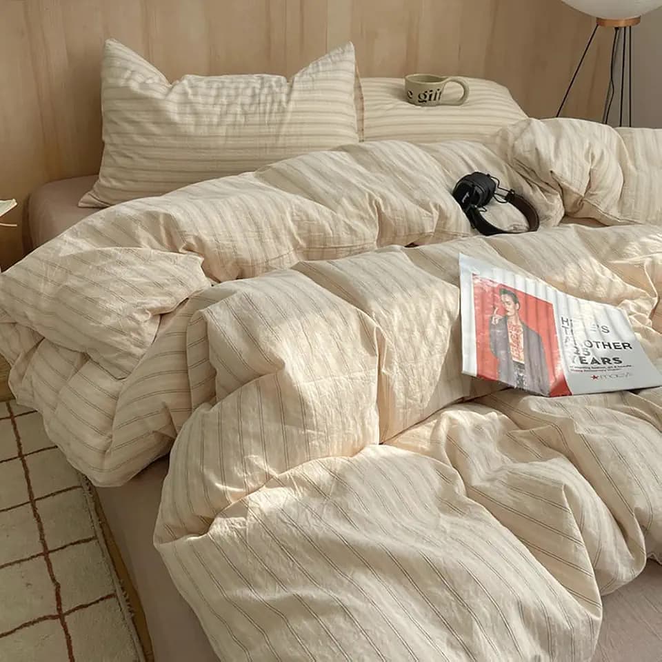 Nayoroom Striped Duvet Cover Set Queen 100% Washed Cotton Linen Like