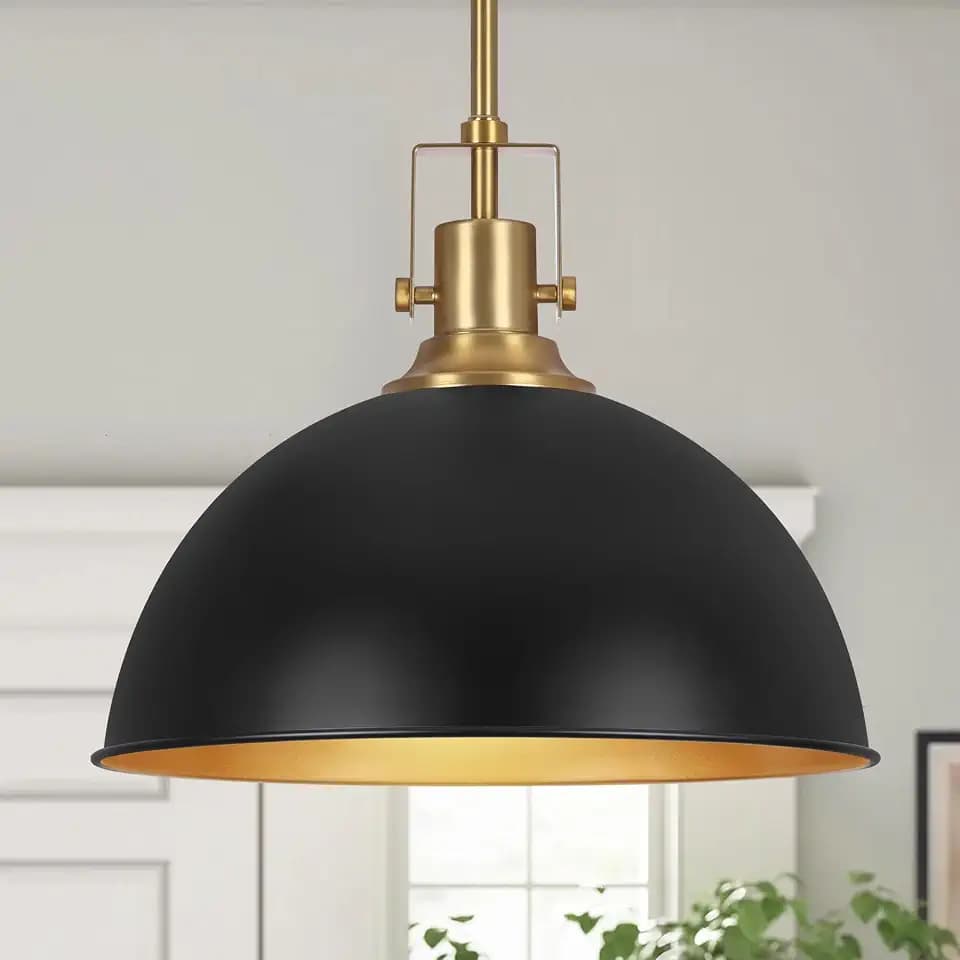 LamQee 13 Inch Black and Gold Metal Pendant Light Kitchen Island, Farmhouse Modern Dome Pendant Light Fixtures Ceiling Hanging Lighting Chandelier for Dining Room Over Table, Bar, Hallway, Entryway