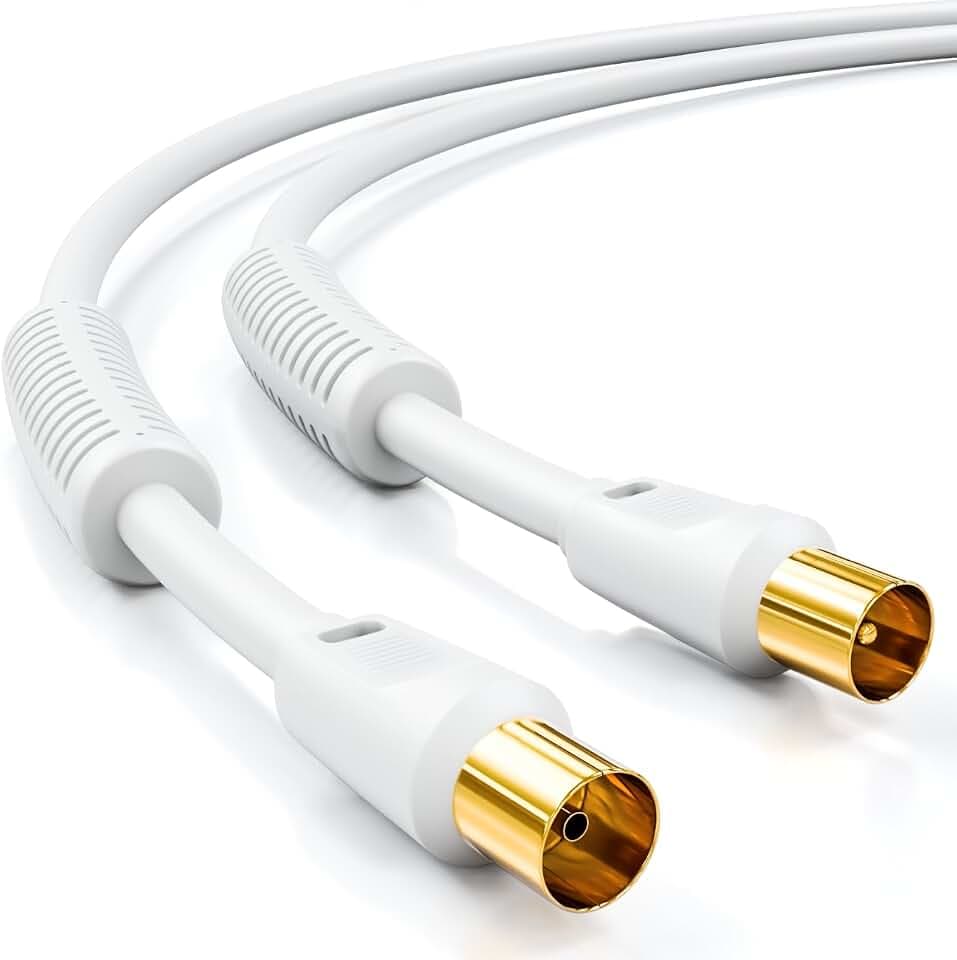 deleyCON 5m TV Antennenkabel IEC Koaxialkabel 2x Ferritkern - Weiß