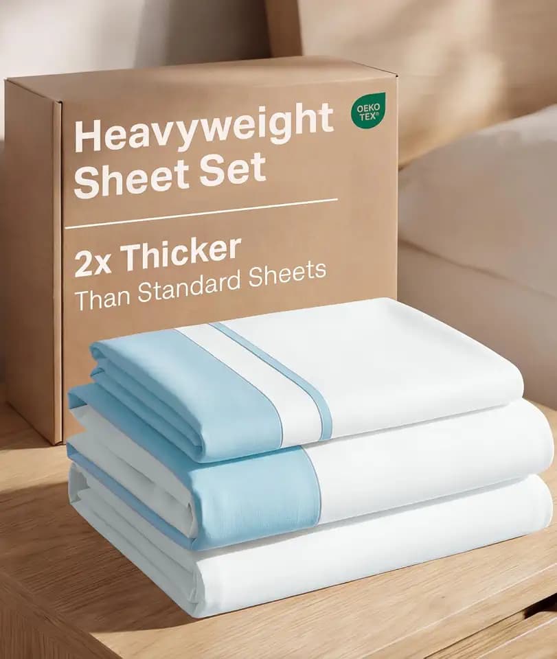 Extra Thick Heavyweight Twin Size, Embroidery Sheet Set - Light Blue