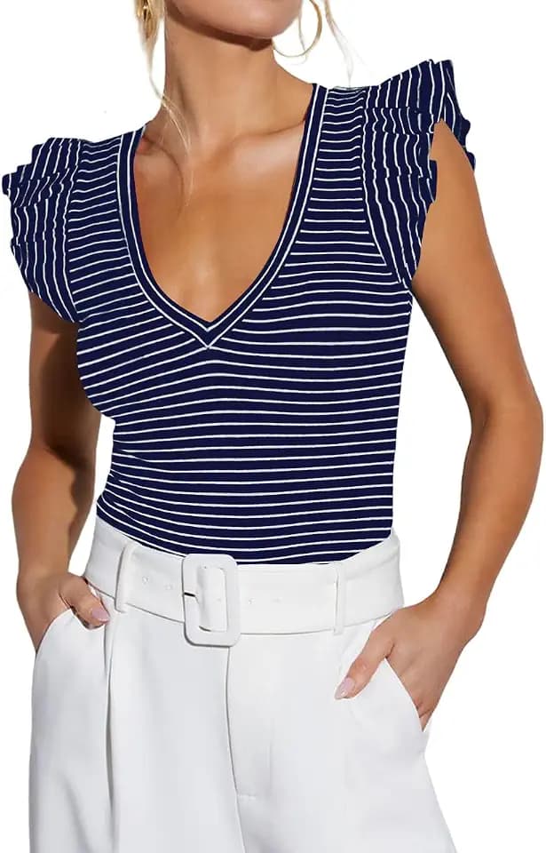 Ezbelle Womens V Neck Tank Summer Tops Striped Tshirts Ruffle Short Sleeve