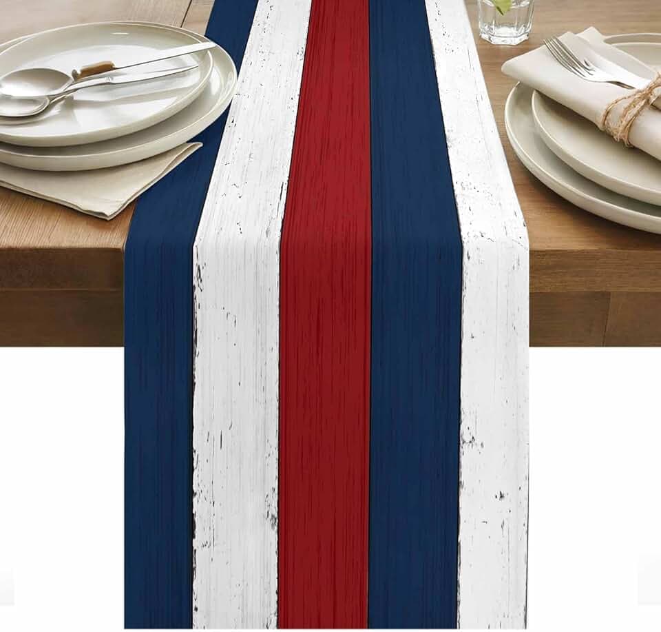 4th of July Table Runner,Red White and Blue Cotton Linen Tablecloth Summer Holiday Farmhouse Table Decorations for Home,Kitchen,Dining Room,Indoor,Outdoor,13X108 Inches Long,Retro Rustic Wood Texture