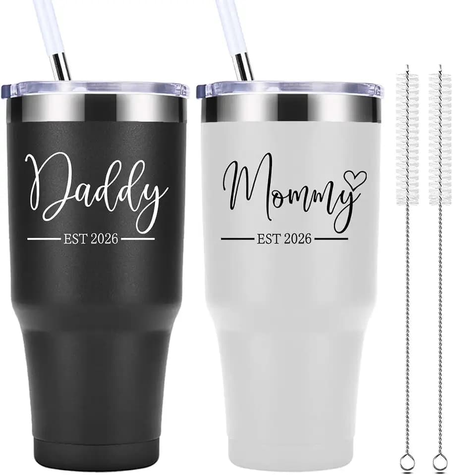 momocici Daddy and Mommy Est 2026 30 OZ Tumbler.New Parents Gifts.Pregnancy Anniversary Parents to be Couple Gift.Gifts for New Dad New Mom Mother's Day Father's Day.(Black&White)