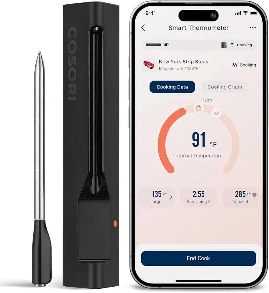 COSORI Wireless Meat Thermometer Digital, Bluetooth Food Thermometer for Grill, Smoker, Oven, Air Fryer for Turkey, Chicken, Steak, Gifts for Men, 90+ Recipes in Free App