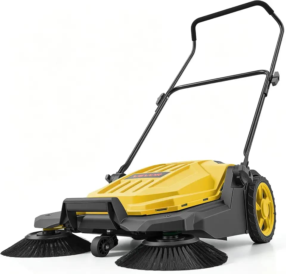 VEVOR Walk-Behind Hand Push Floor Sweeper, Manual Floor Sweeper Non-Electric with 25.6" Sweeping Width, 5 Gallons Waste Container & Adjustable Folding Handle for Yards Walkways Patios Garages - Yellow