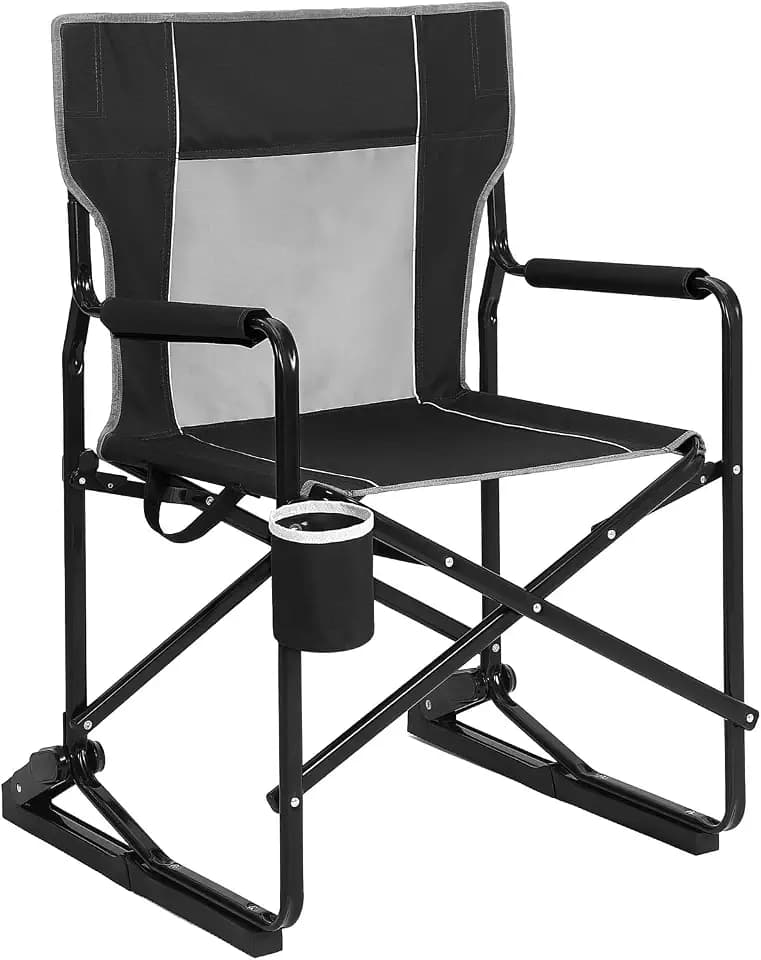 Garvee Outdoor Rocker Camping Chair - Portable, Folding Rocking Chair with Solid Durable Armrests, Drink Holder, Breathable Backrest Black