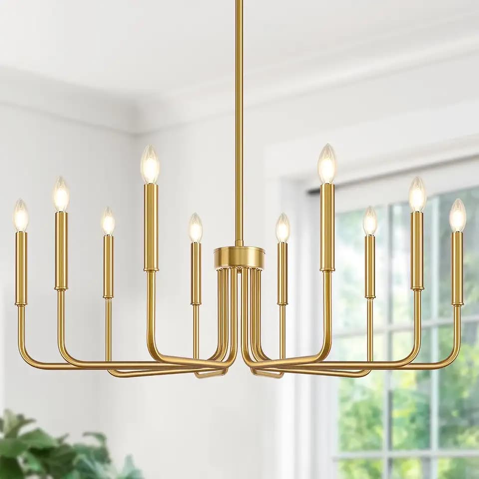 Lynnoland Gold 10-Light Farmhouse Chandelier for Dining Room Lighting Fixtures Hanging, Vintage Candle Pendant Light Fixtures Chandelier for Bedroom, Foyer and Living Room