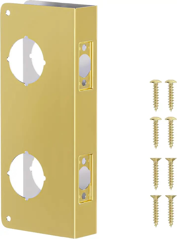 Double Hole Door Knob Reinforcement Plate, Polished Gold, Fits 1-3/4" Doors, 2-3/4" Backset, Door Lock and Door Knob Cover Plate, Deadbolt Cover Plate Reinforce and Repair Wood or Metal Doors