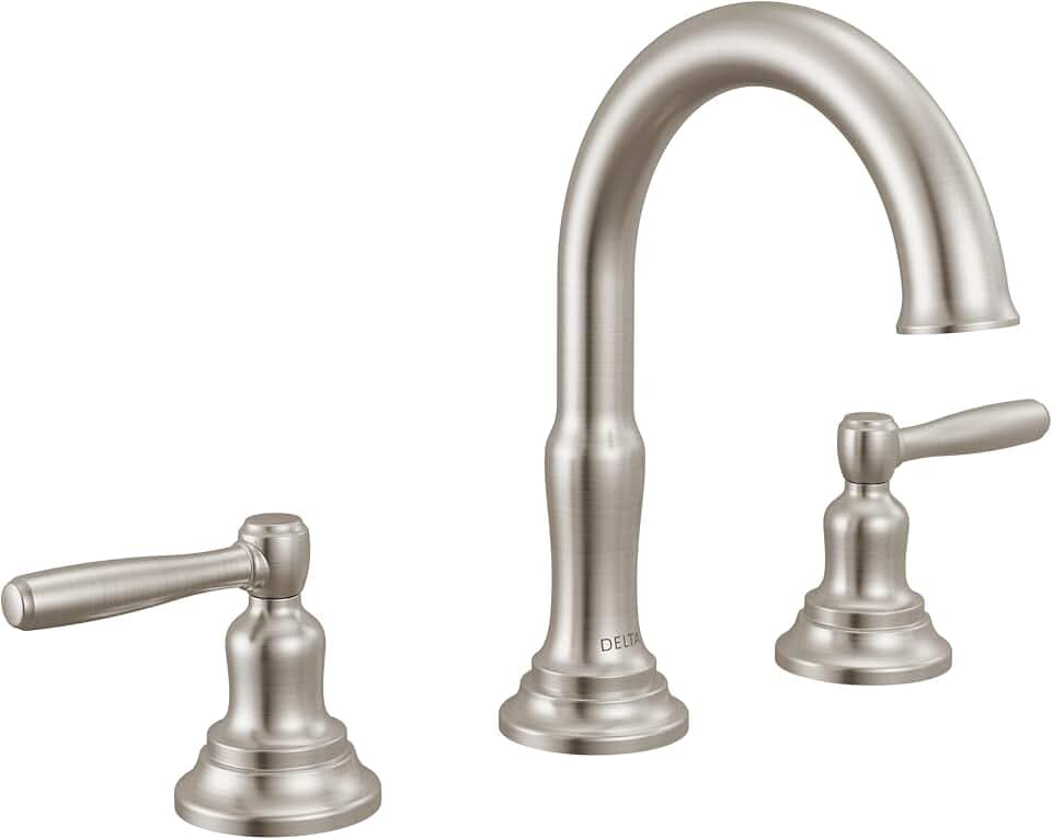 Delta Roe Brushed Nickel Bathroom Faucet 3 Hole, 8 Inch Widespread Bathroom Sink Faucet for Vanity, Push-Pop Drain Assembly, Stainless 35985LF-SS