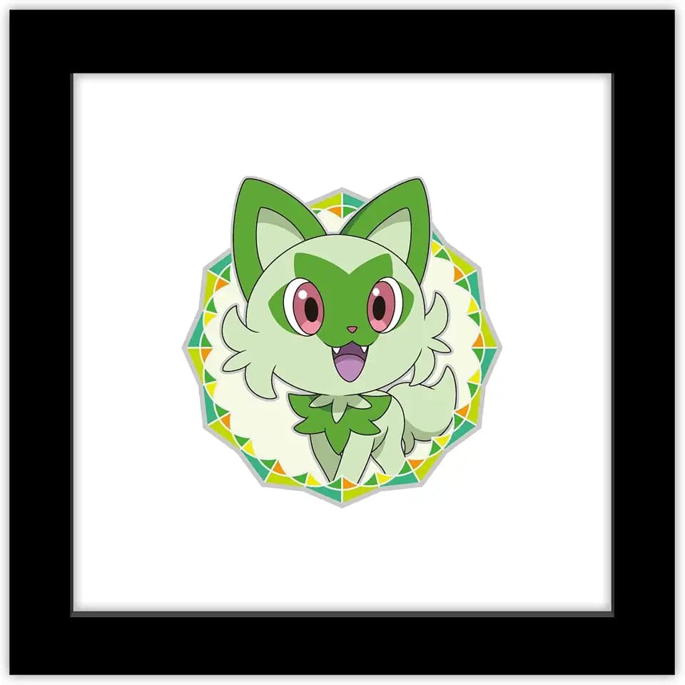 Trends International Gallery Pops Pokémon - Sprigatito Sparkle Badge Wall Art Wall Poster, 12.00" x 12.00", Black Frame Version
