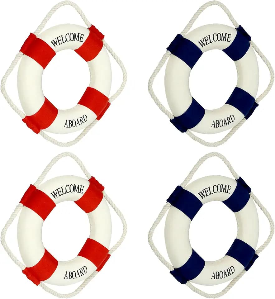 QWORK Life Buoy Wall Hanging Decor - 4 Pack Welcome Aboard Mediterranean Style Home Decoration (Red +Blue 5.5") - Nautical Chic Decorative Lifeguard for Home, Office, or Beach House