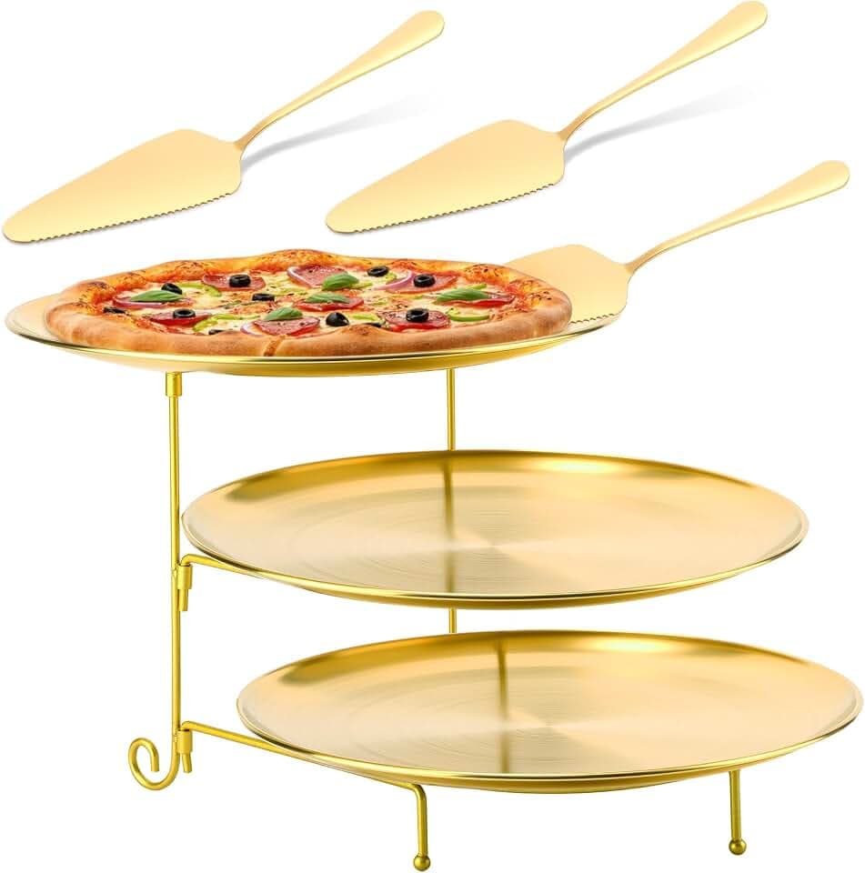 Domensi 7 Pcs Pizza Tiered Stand Set, Stainless Steel with Knives, Gold