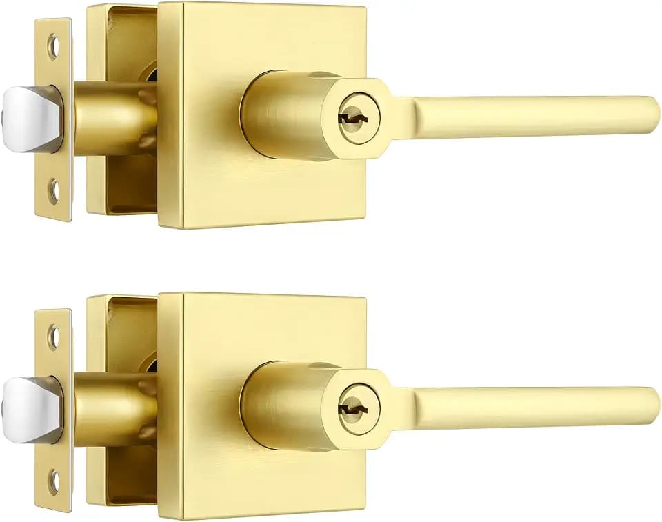 2 Pack Satin Brass Interior Door Handle, Interior/Exterior Gold Door Knob with Lock and Key, Gold Entry Door Handle for Entracnce or Front Doors, Heavy Duty Modern Door Knob